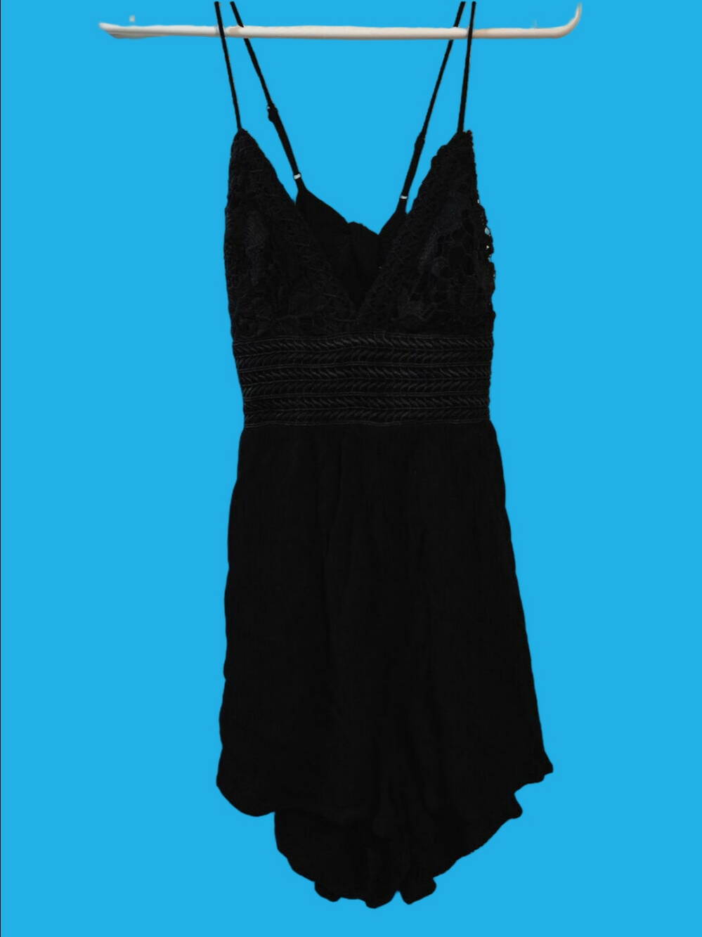4/$67 Deal! Vintage Black Lace-Front Spaghetti Strap Mini Dress With Shorts